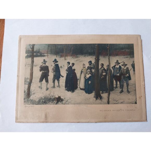 Antique Hand Painted Engraving 'PILGRIMS GOING TO CHURCH' Signed George Boughton